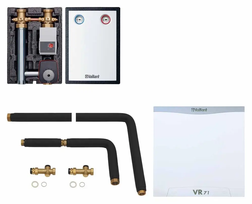 Vaillant-Systemkomponenten für den Mischerkreis, bestehend aus Pumpe, verschiedenen Rohren und Ventilen in schwarzer Isolierung, angeordnet auf hellem Hintergrund.